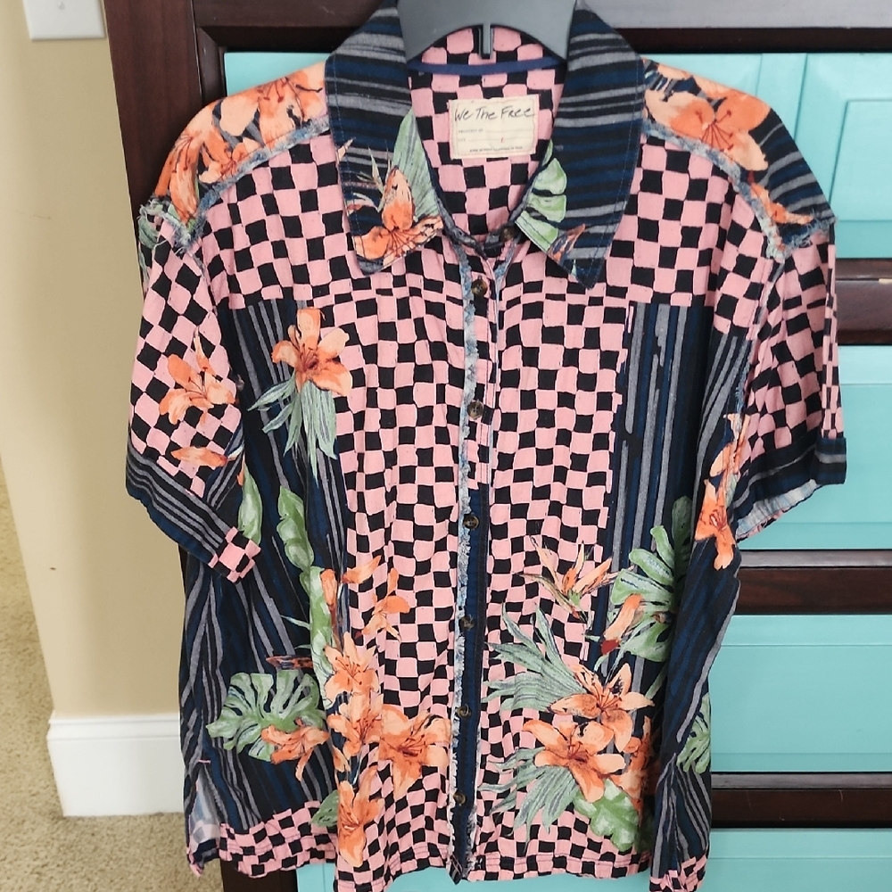We The Free Pink and Black Floral Checkered Shirt Jacket